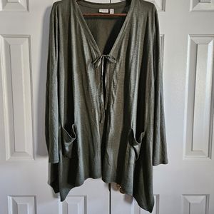 LOGO Lori Goldstein Womens Cardigan 2X Tie Front Moss Green Goblincore Pockets